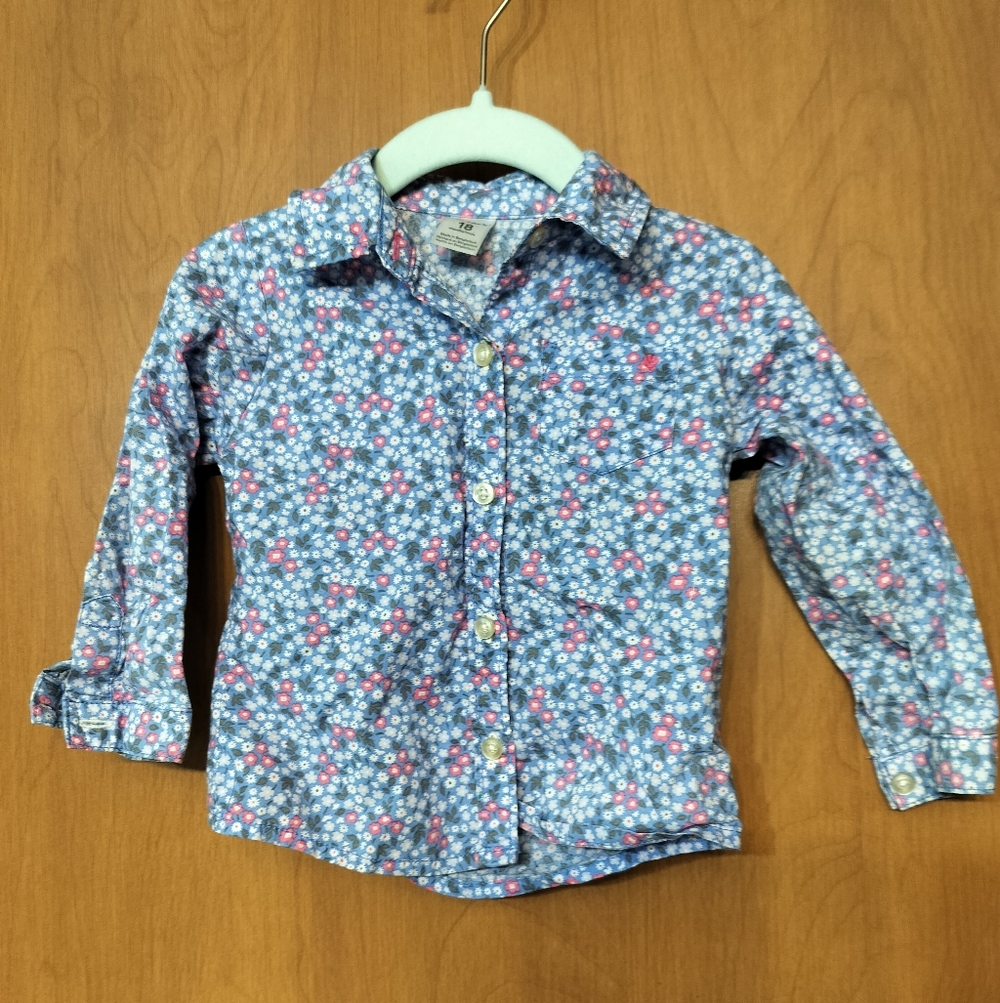 Carter's Preppy Floral Long Sleeved Button Down Cotton Shirt Blue/Pink/White 18M